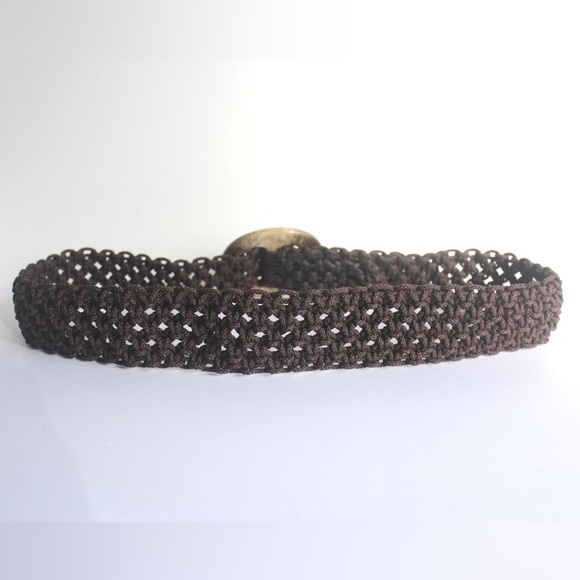 Vintage Wide Woven Brown Belt with Faux Horn Buckle, Adjustable Wrap Macrame - Picture 4 of 6